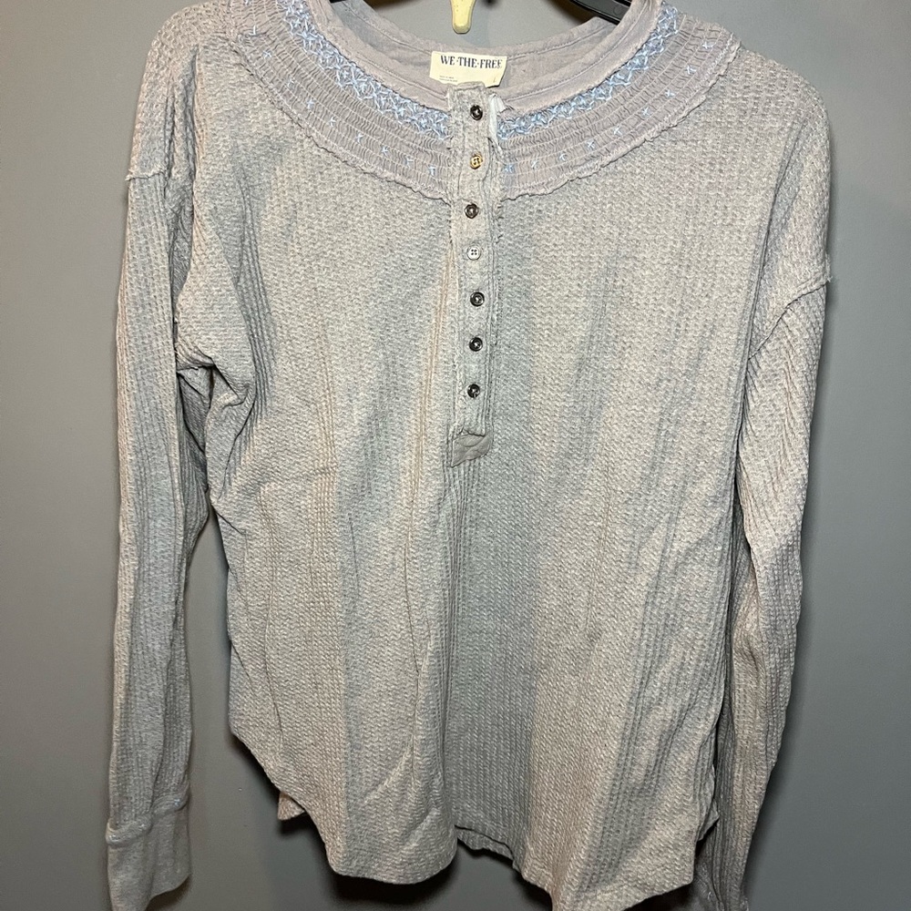 We The Free Light Gray Waffle Knit Henley with Embroidered Yoke